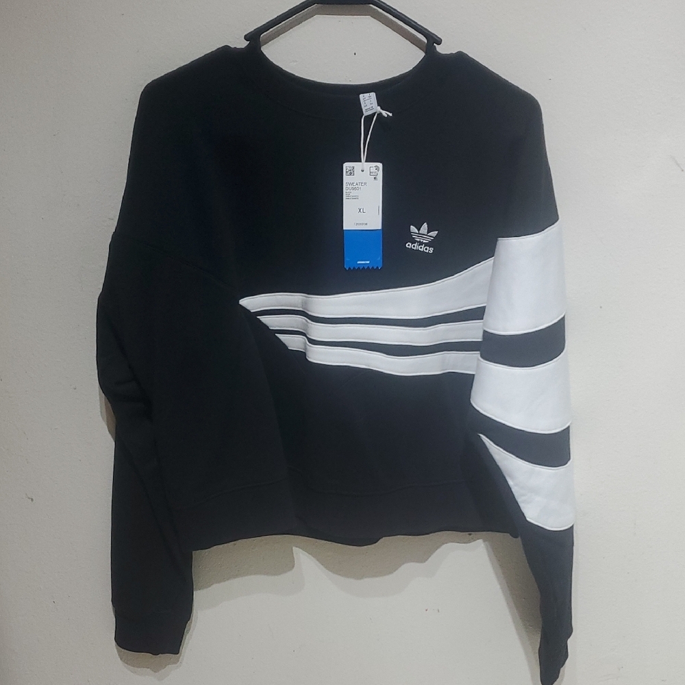 Adidas Women's Black and White Crew Neck Sweater